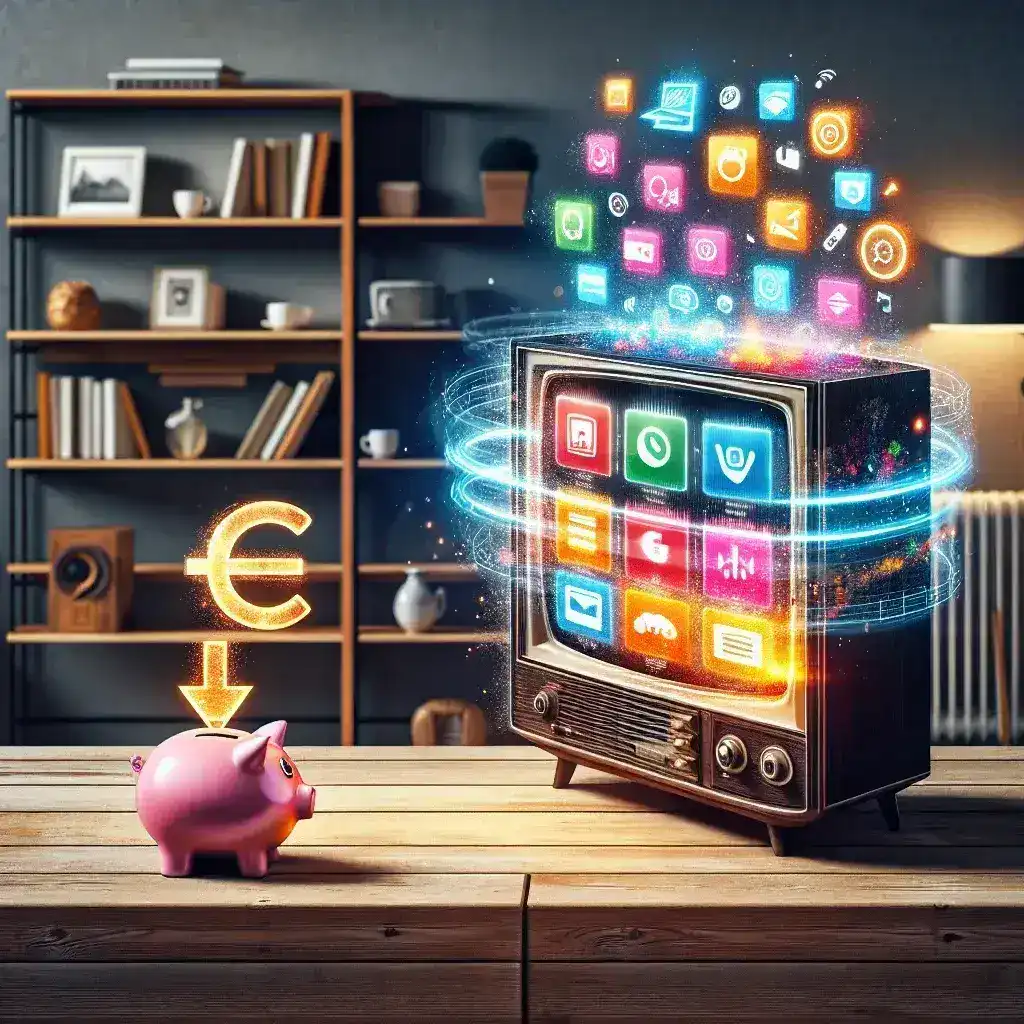 "Imagen de un dispositivo de streaming que convierte un televisor normal en Smart TV por menos de 50 euros, mostrando opciones de conectividad y fácil instalación."