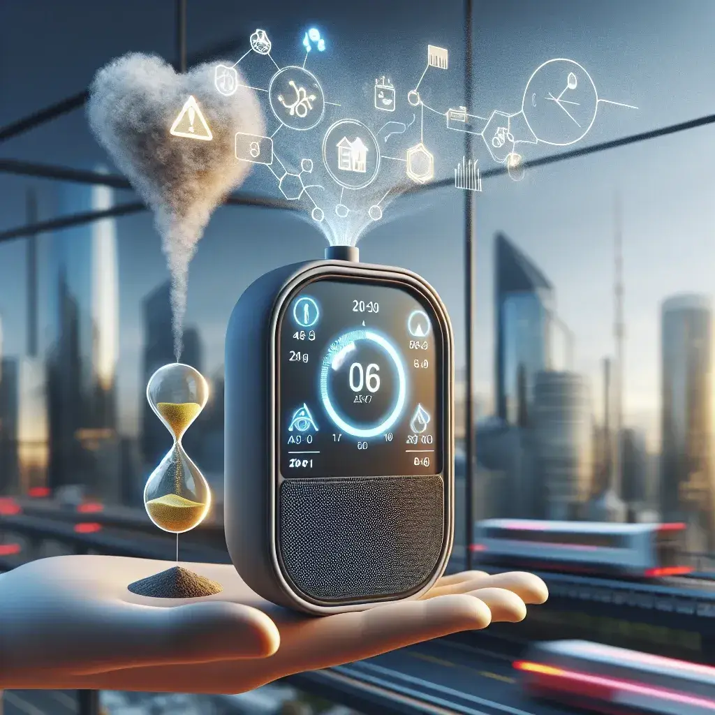 "Dispositivo de medición de contaminación personal con pantalla que muestra alertas en tiempo real sobre niveles de contaminación ambiental."