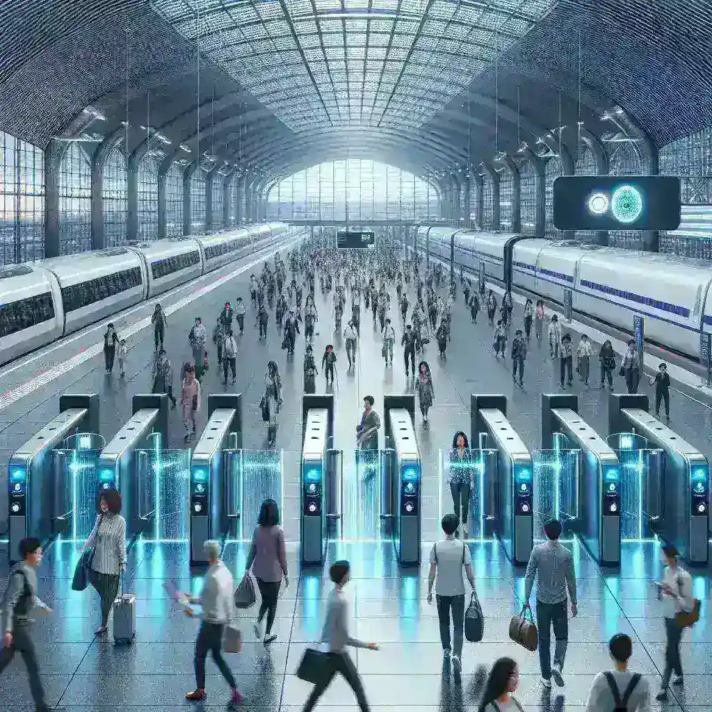 "Puertas automáticas con tecnología de escaneo facial en estación de AVE, mejorando la seguridad y la eficiencia del acceso para pasajeros en España."