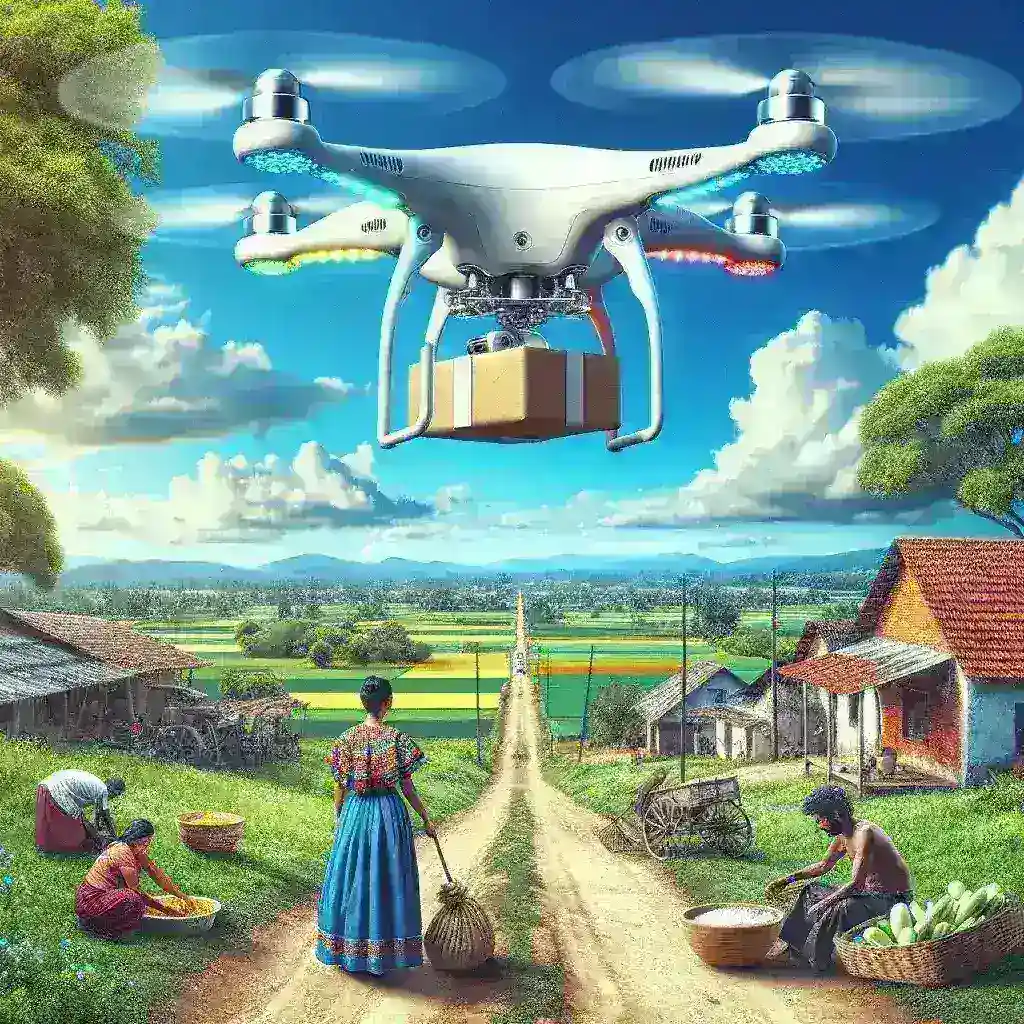 "Drone híbrido de Correos realizando entrega urgente en una zona rural, destacando su innovadora tecnología para mejorar la logística en áreas remotas."