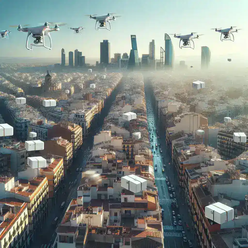 "Empresas españolas utilizando drones de reparto urbano en una ciudad moderna, ilustrando la innovación en la entrega de productos y la eficiencia logística."