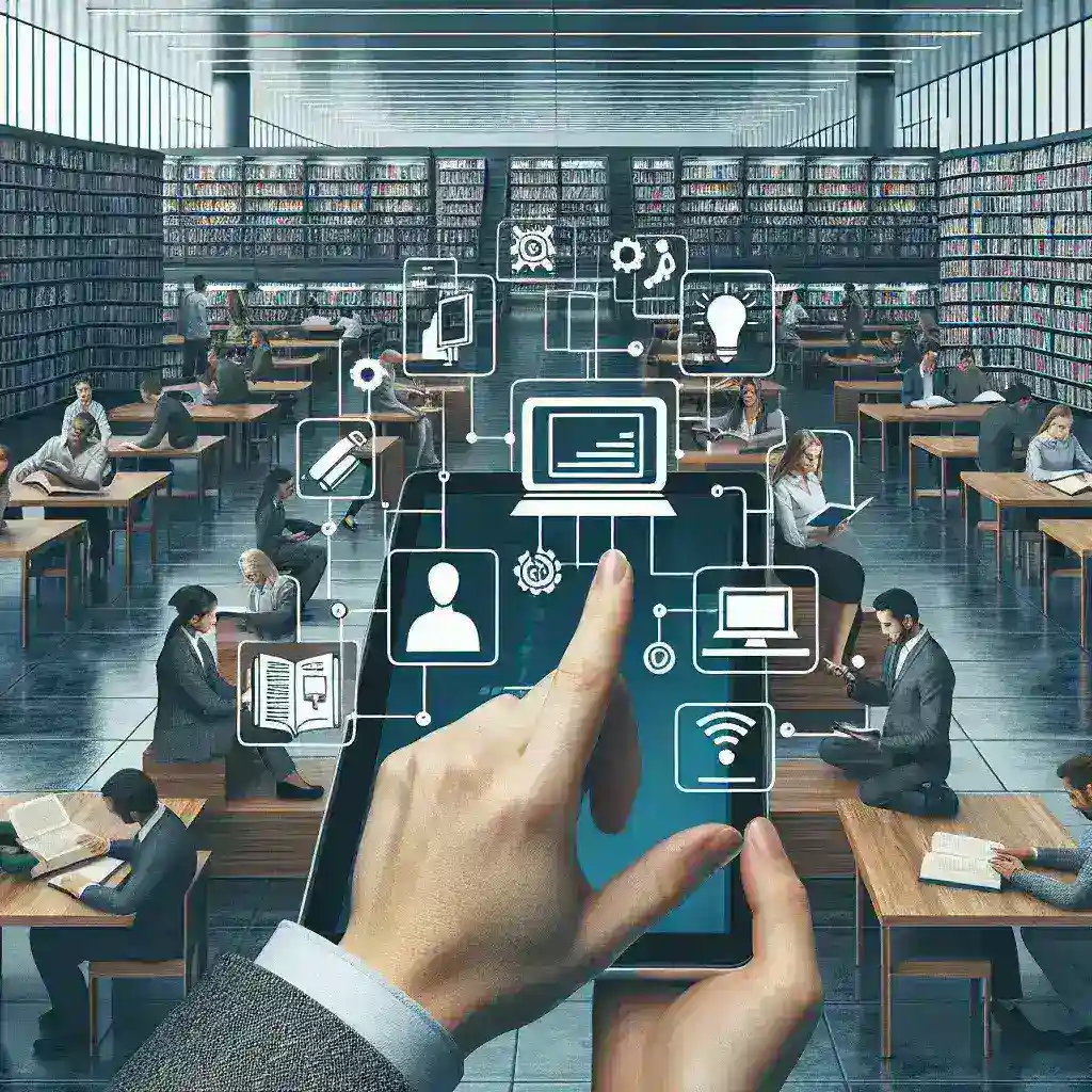 "Biblioteca pública moderna con usuarios realizando préstamos de dispositivos tecnológicos, destacando la gestión MDM remota para la administración eficiente de recursos digitales."