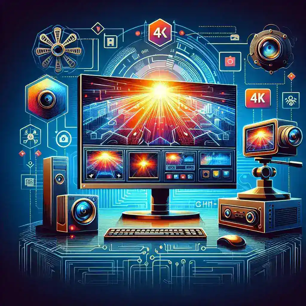 "Streamer configurando transmisión en vivo en 4K en Twitch con una computadora y micrófono, mostrando opciones de resolución y calidad de video."