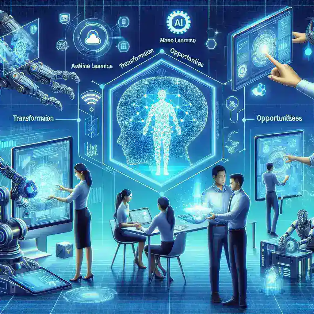 "Ilustración que representa la inteligencia artificial transformando el futuro del trabajo, mostrando herramientas tecnológicas, colaboración humano-máquina y nuevas oportunidades laborales en un entorno moderno."