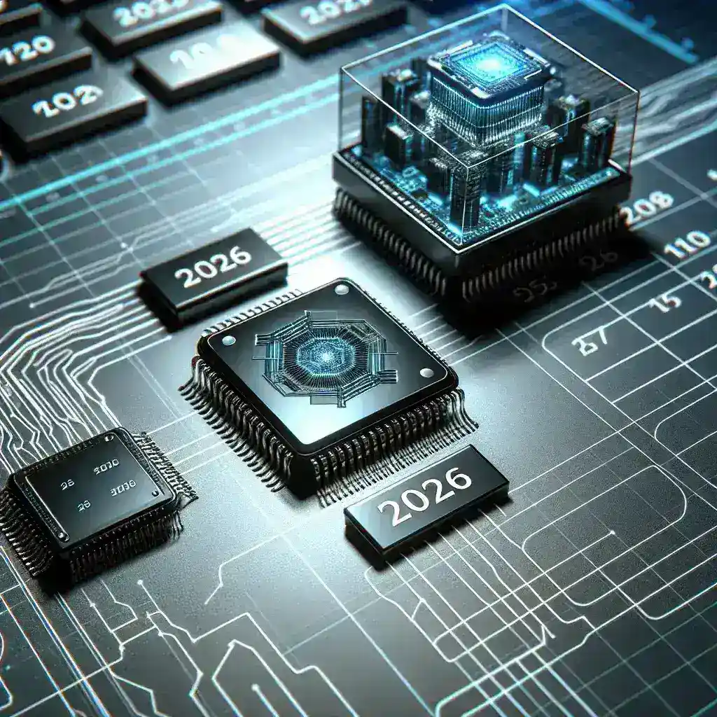 "Prototipo de chip de 2 nm de Intel, mostrando innovaciones tecnológicas y aumentando la eficiencia energética, en un gráfico relacionado con los avances previstos para 2026."
